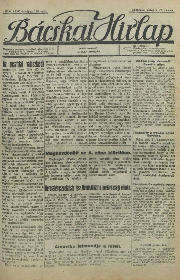 Bácskai Hirlap, 24. évf. 1920. október 22. 180. sz.