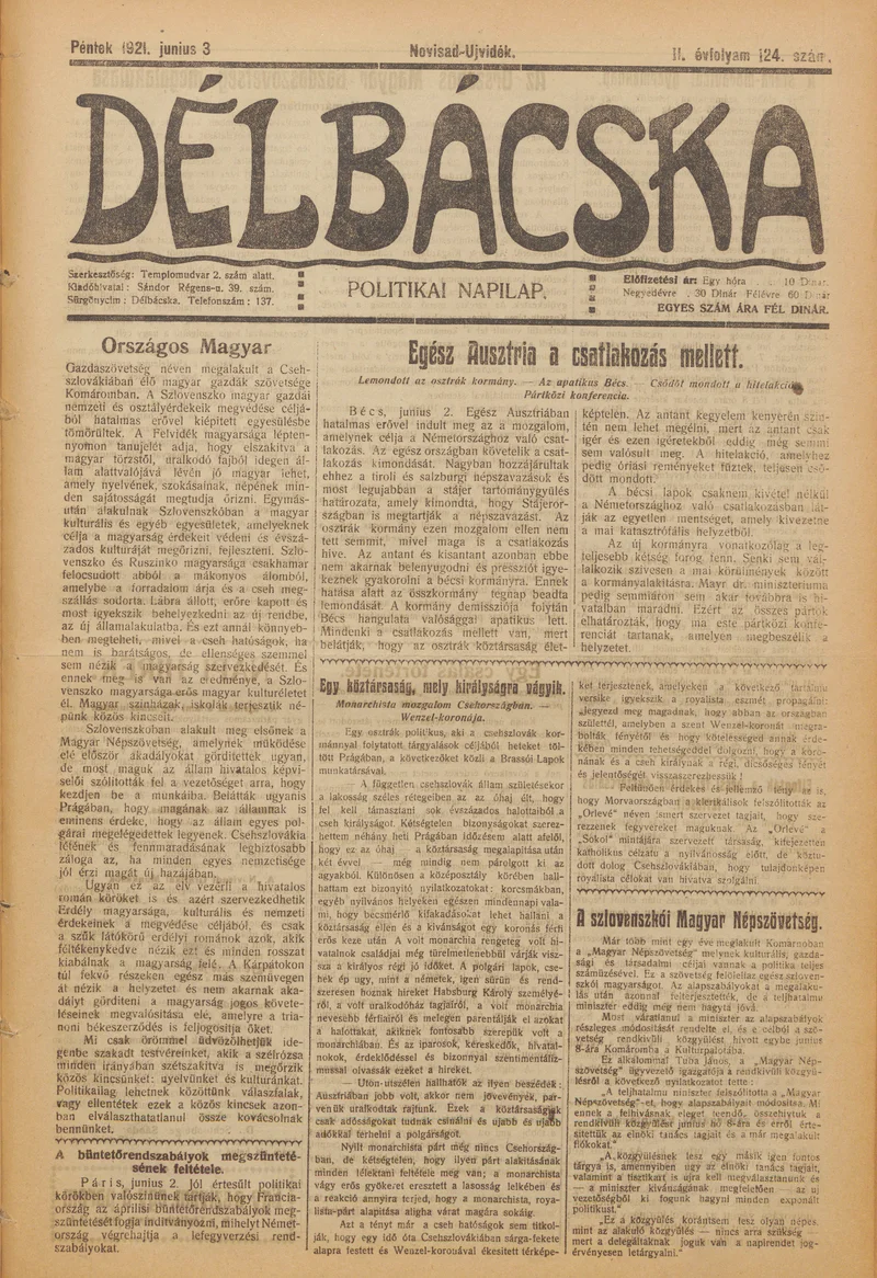 Délbácska, 2. évf. 1921. június 3. 124. sz.