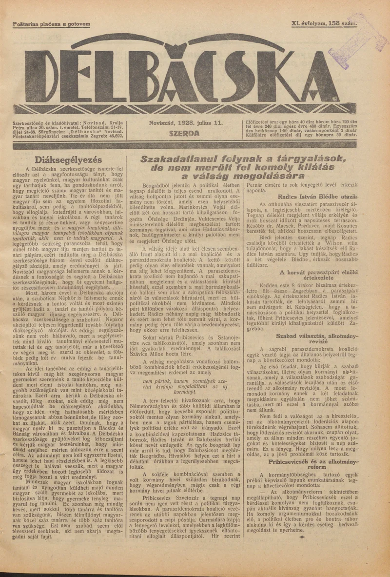Délbácska, 9. évf. 1928. július 11. 158. sz.