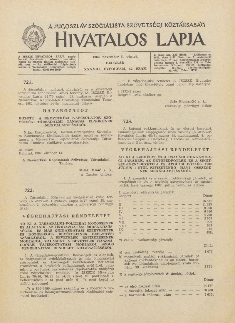 A Jugoszláv Szocialista Szövetségi Köztársaság Hivatalos Lapja, 38. évf. 1982. november 5. 67. sz. 1565–1568. oldal