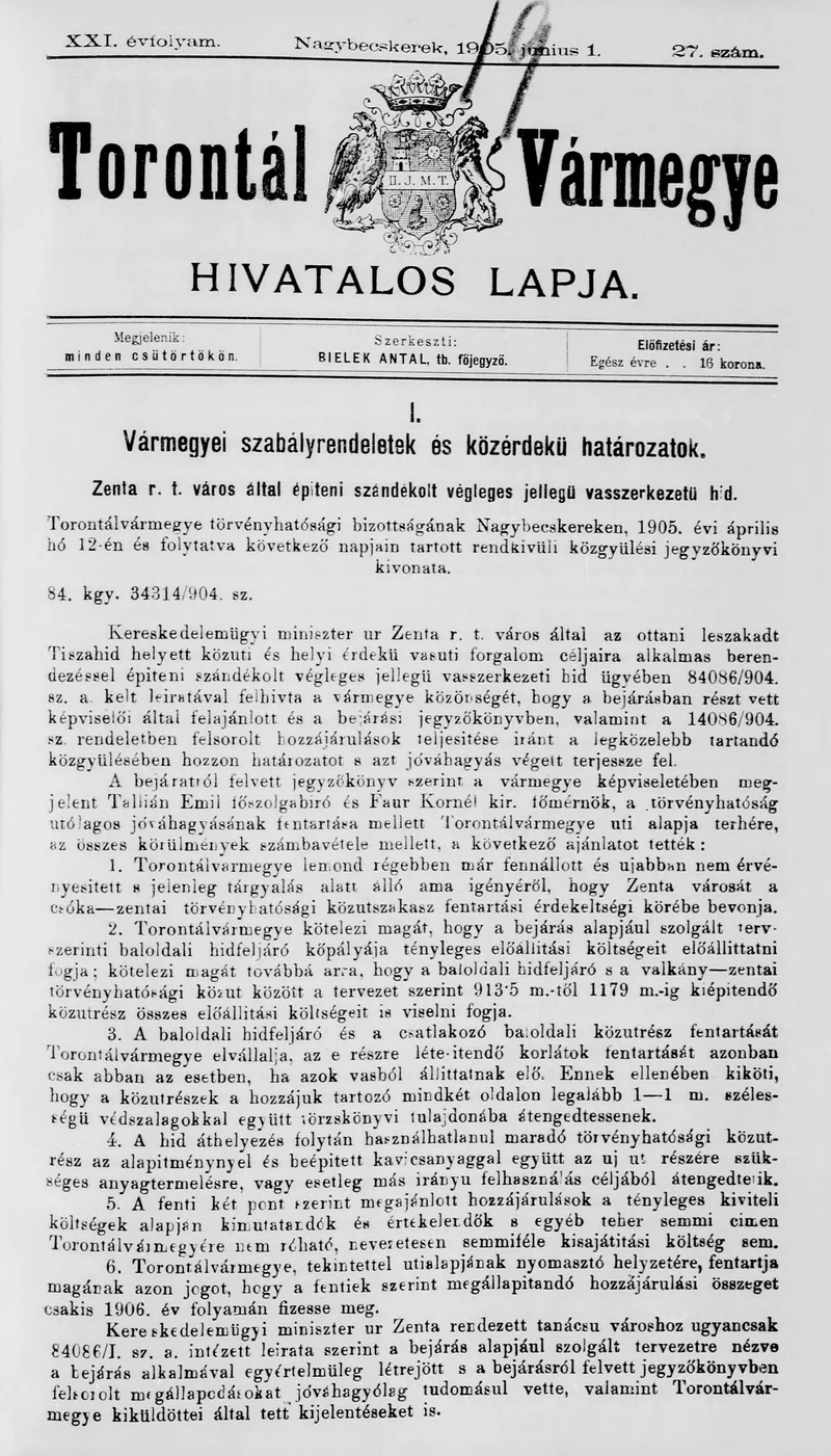 Torontál Vármegye Hivatalos Lapja, 21. évf. 1905. június 1. 27. sz.