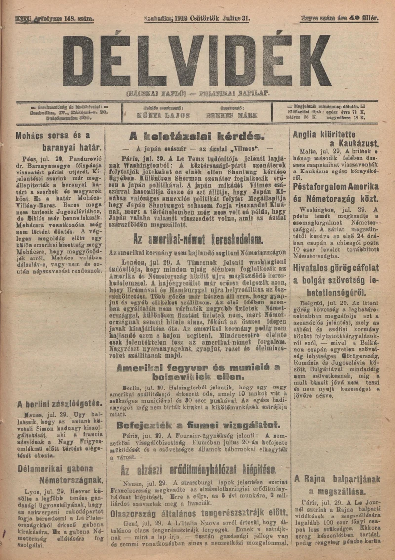 Délvidék, 13. évf. 1919. július 31. 148. sz.