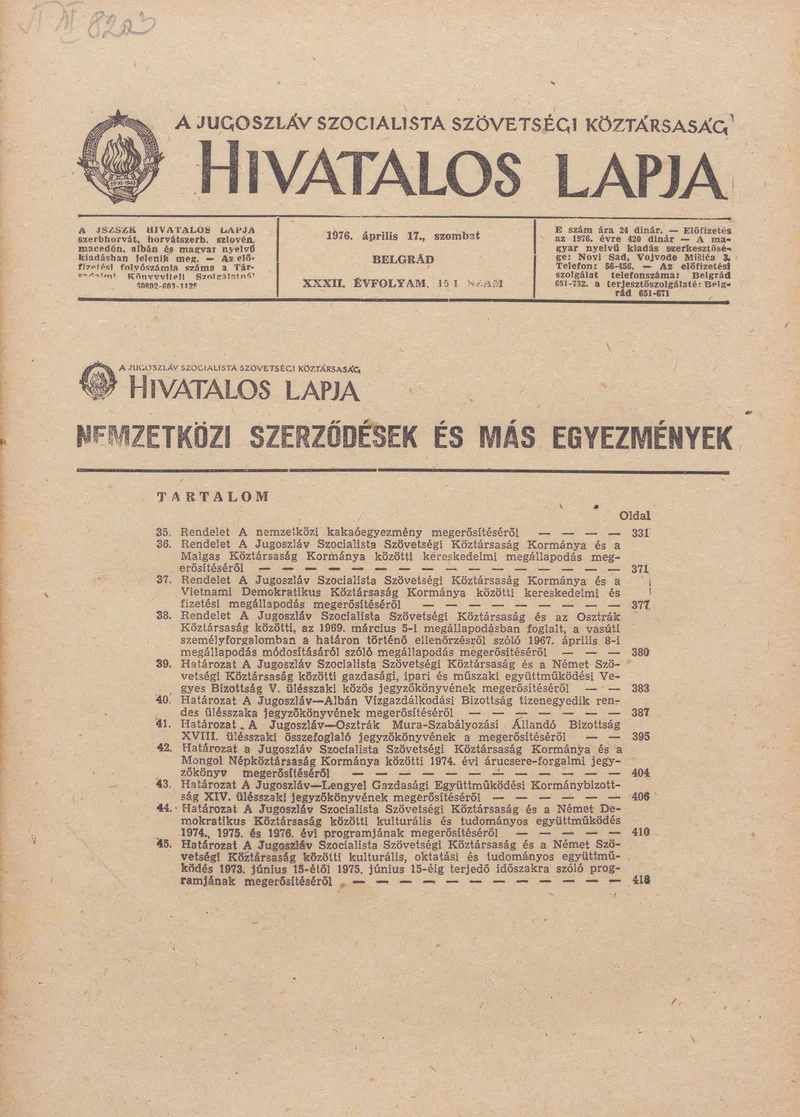 A Jugoszláv Szocialista Szövetségi Köztársaság Hivatalos Lapja, 32. évf. 1976. április 17. 15. sz.