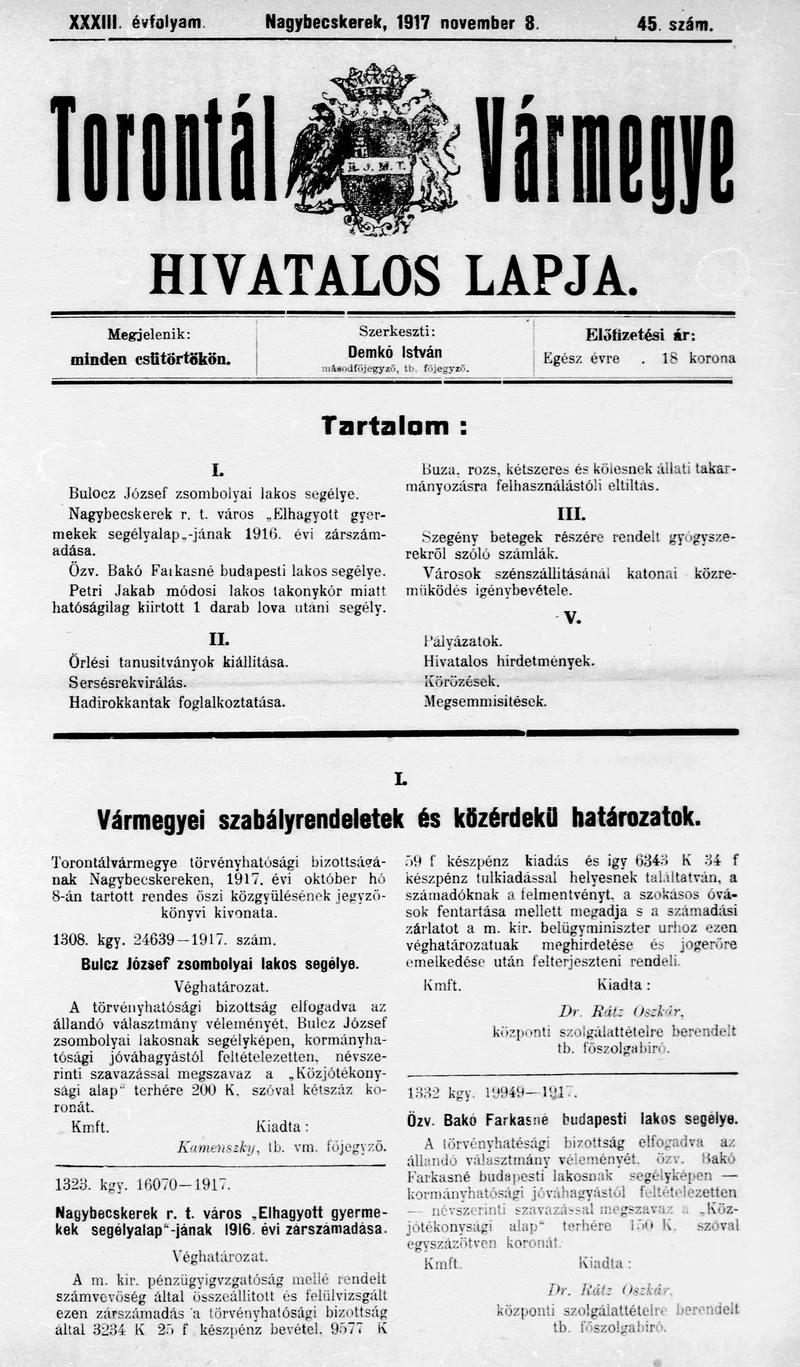 Torontál Vármegye Hivatalos Lapja, 33. évf. 1917. november 8. 45. sz.