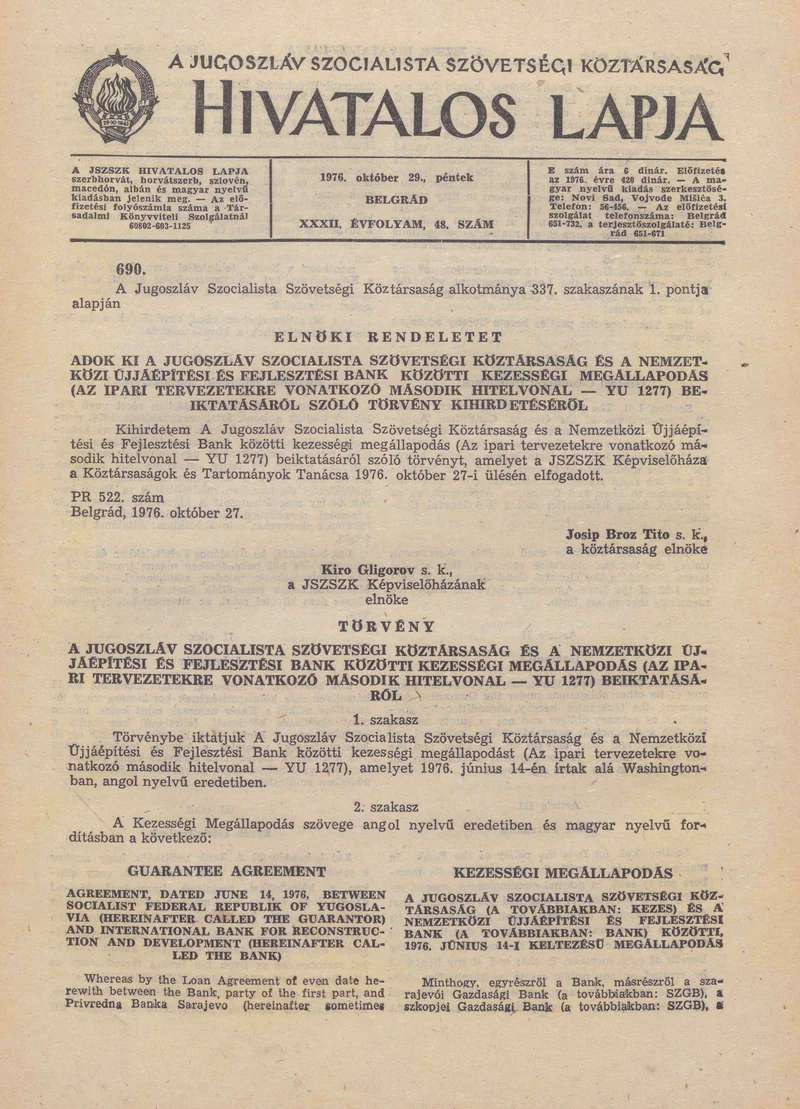 A Jugoszláv Szocialista Szövetségi Köztársaság Hivatalos Lapja, 32. évf. 1976. október 29. 48. sz. 1397–1420. oldal