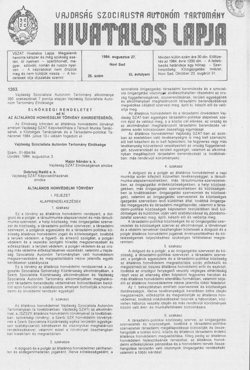 Vajdaság Szocialista Autonóm Tartomány Hivatalos Lapja, 40. évf. 1984. augusztus 27. 25. sz.