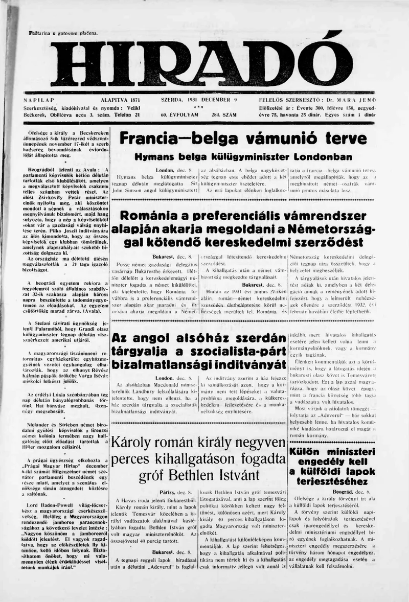 Híradó, 60. évf. 1931. december 9. 284. sz.