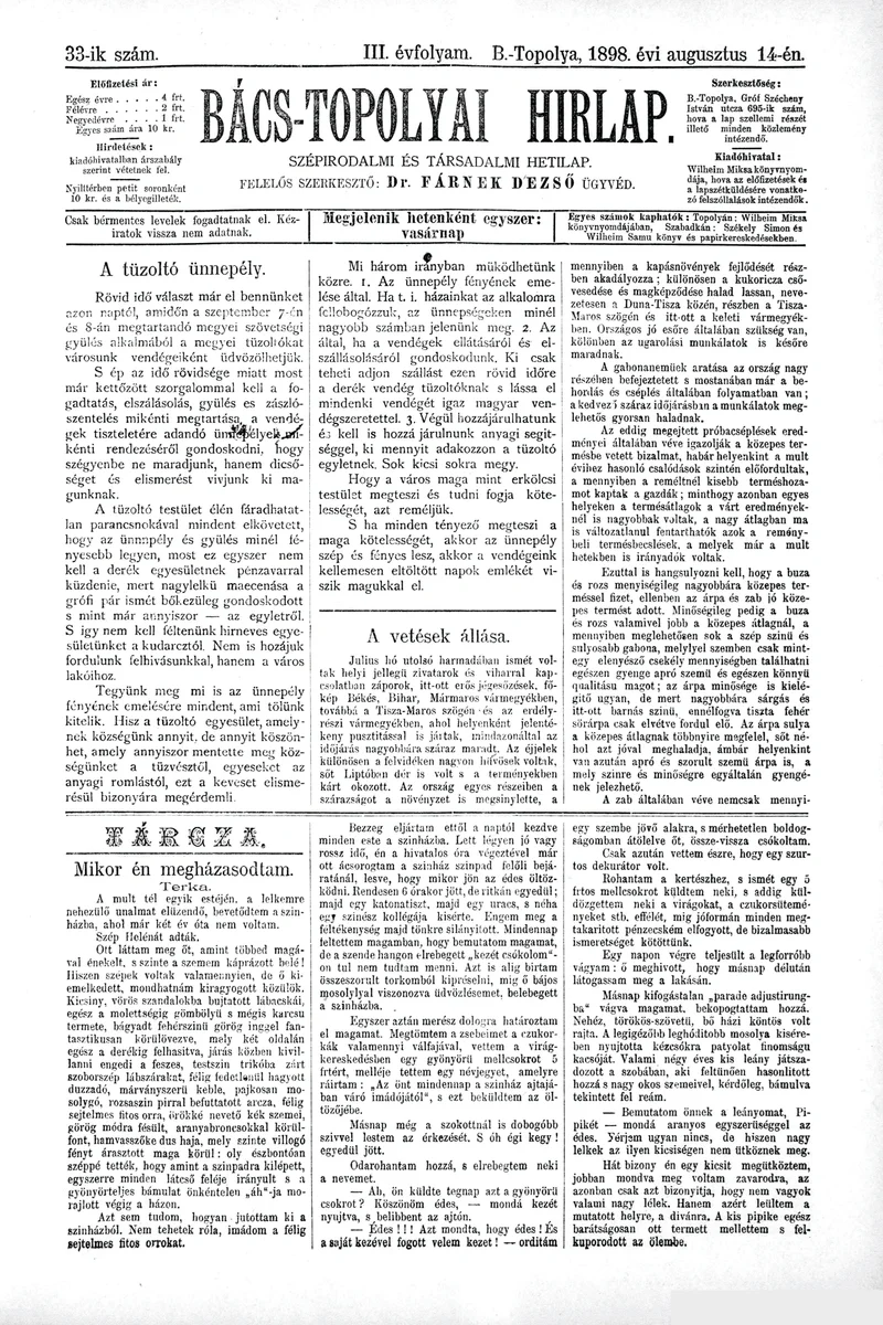 Bács-Topolyai Hirlap, 3. évf. 1898. augusztus 14. 33. sz.