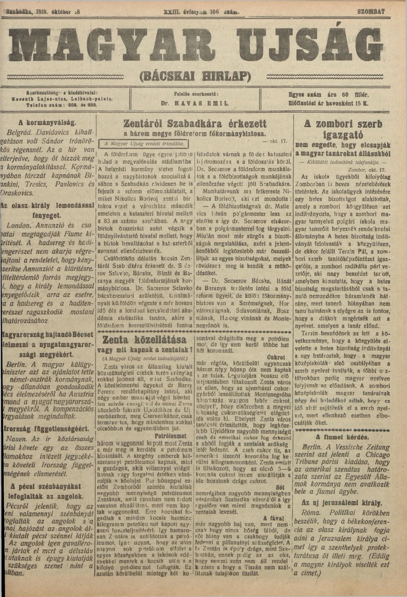 Bácskai Hirlap, 23. évf. 1919. október 18. 106. sz.