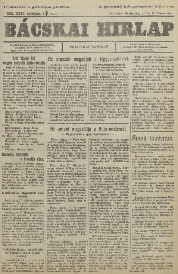 Bácskai Hirlap, 24. évf. 1920. július 18. 114. sz.