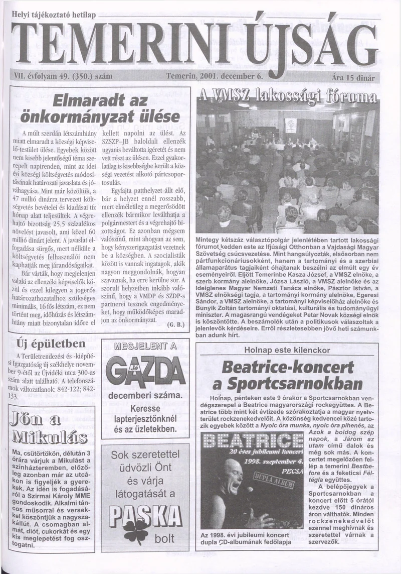 Temerini Újság, 7. évf. 2001. december 6. 49. sz.
