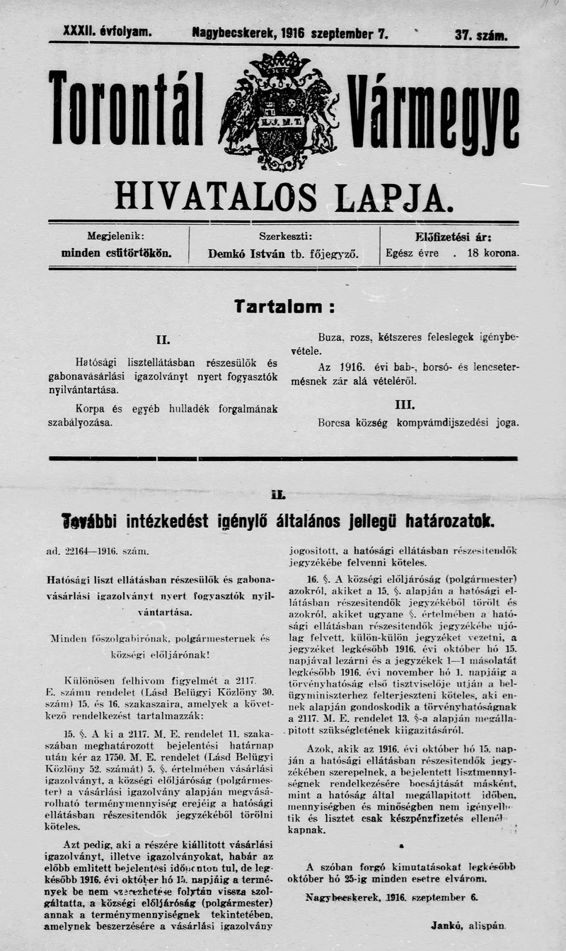 Torontál Vármegye Hivatalos Lapja, 32. évf. 1916. szeptember 7. 37. sz.
