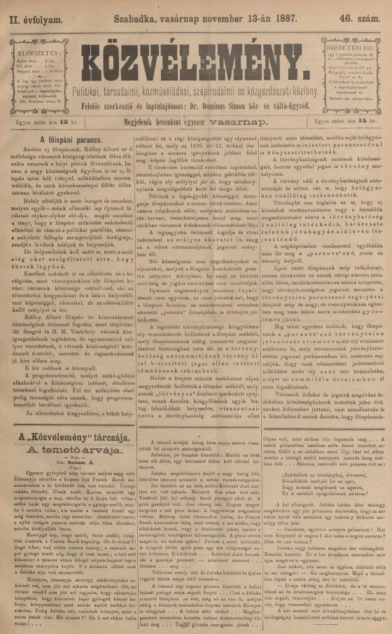 Közvélemény, 2. évf. 1887. november 13. 46. sz.