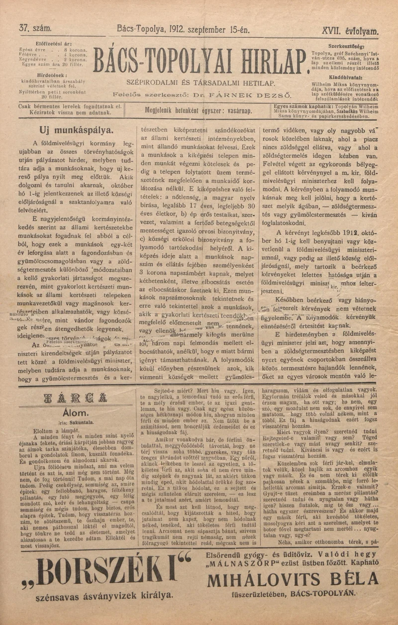Bács-Topolyai Hirlap, 17. évf. 1912. szeptember 15. 37. sz.