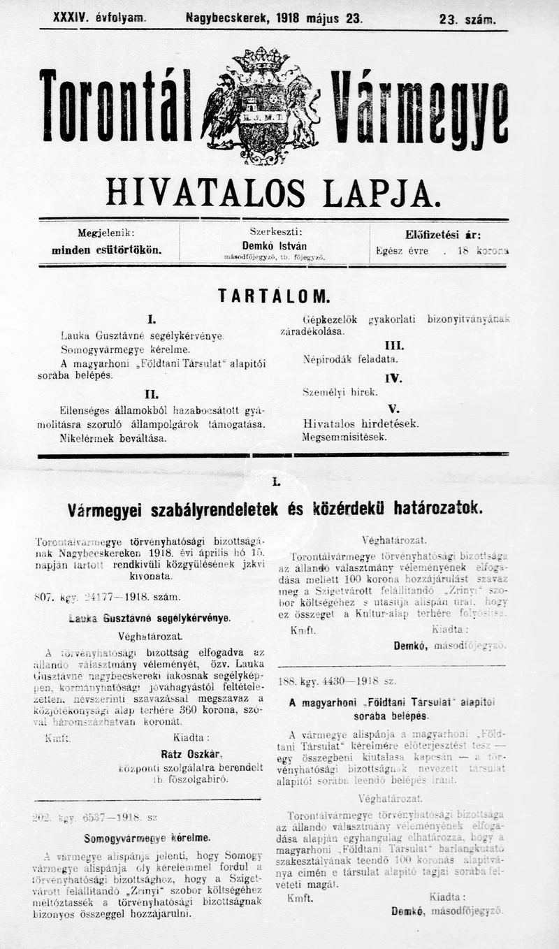 Torontál Vármegye Hivatalos Lapja, 34. évf. 1918. május 23. 23. sz.