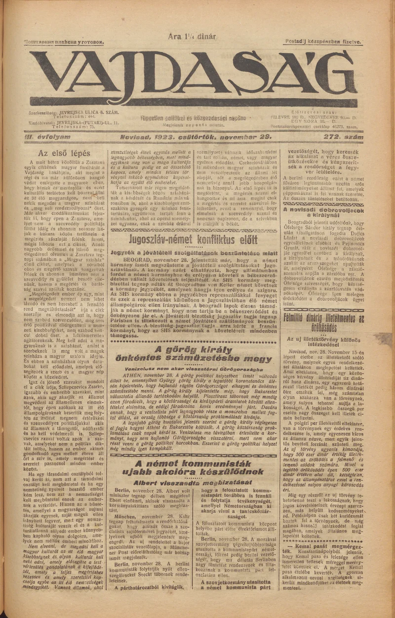Vajdaság, 3. évf. 1923. november 29. 272. sz.