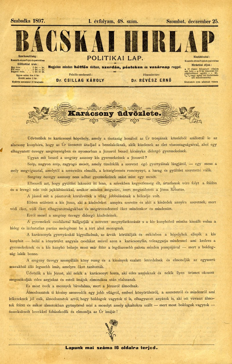 Bácskai Hirlap, 1. évf. 1897. december 25. 48. sz. 1–16. oldal