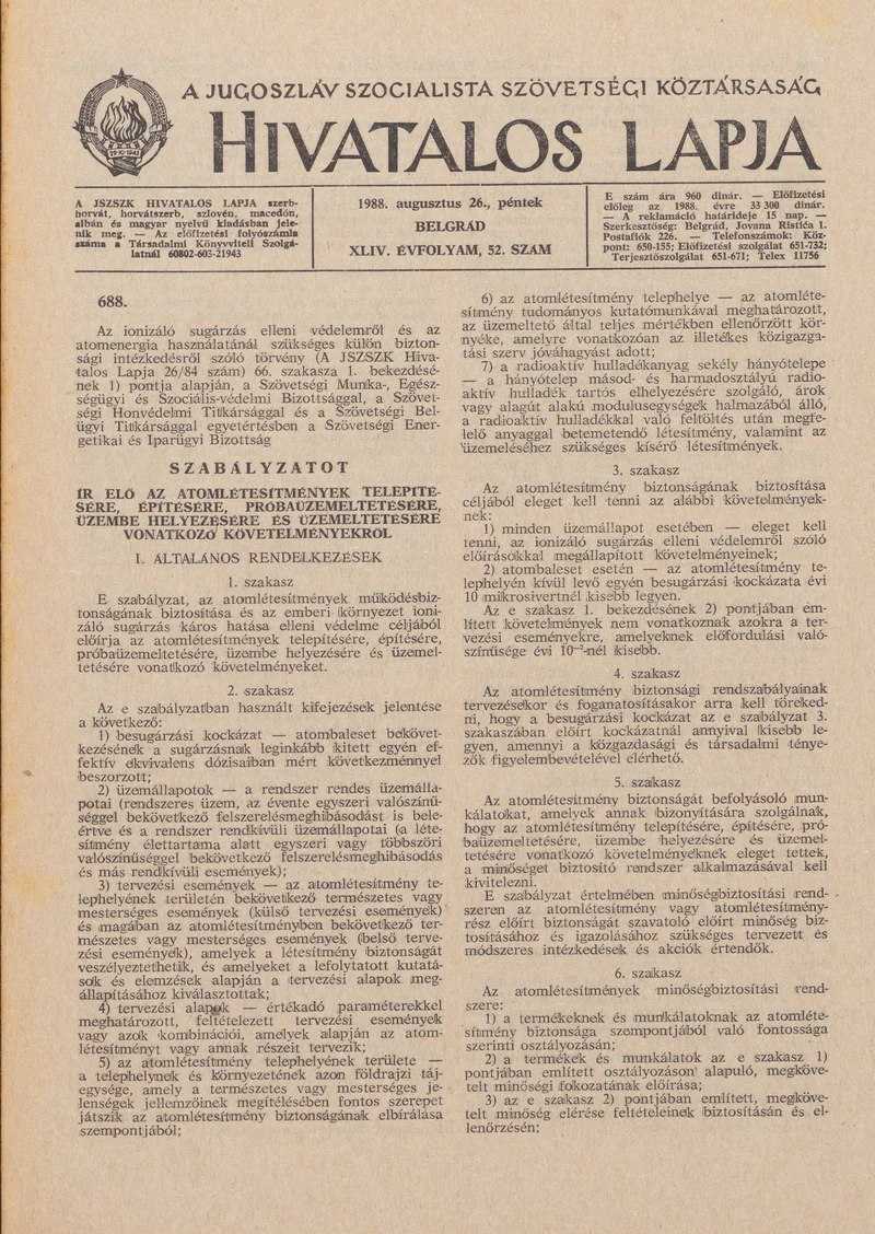 A Jugoszláv Szocialista Szövetségi Köztársaság Hivatalos Lapja, 44. évf. 1988. augusztus 26. 52. sz. 1405–1428. oldal