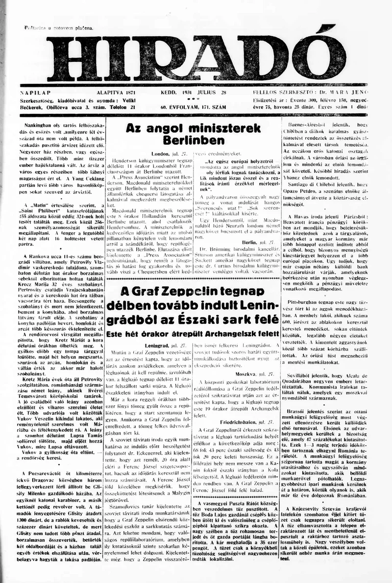 Híradó, 60. évf. 1931. július 28. 171. sz.