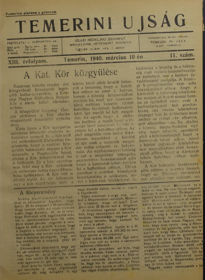 Temerini Újság 1928-1944, 13. évf. 1940. március 10. 11. sz.