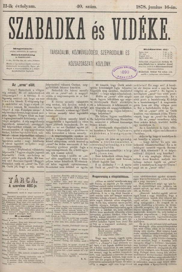 Szabadka és vidéke, 2. évf. 1878. január 16. 40. sz.