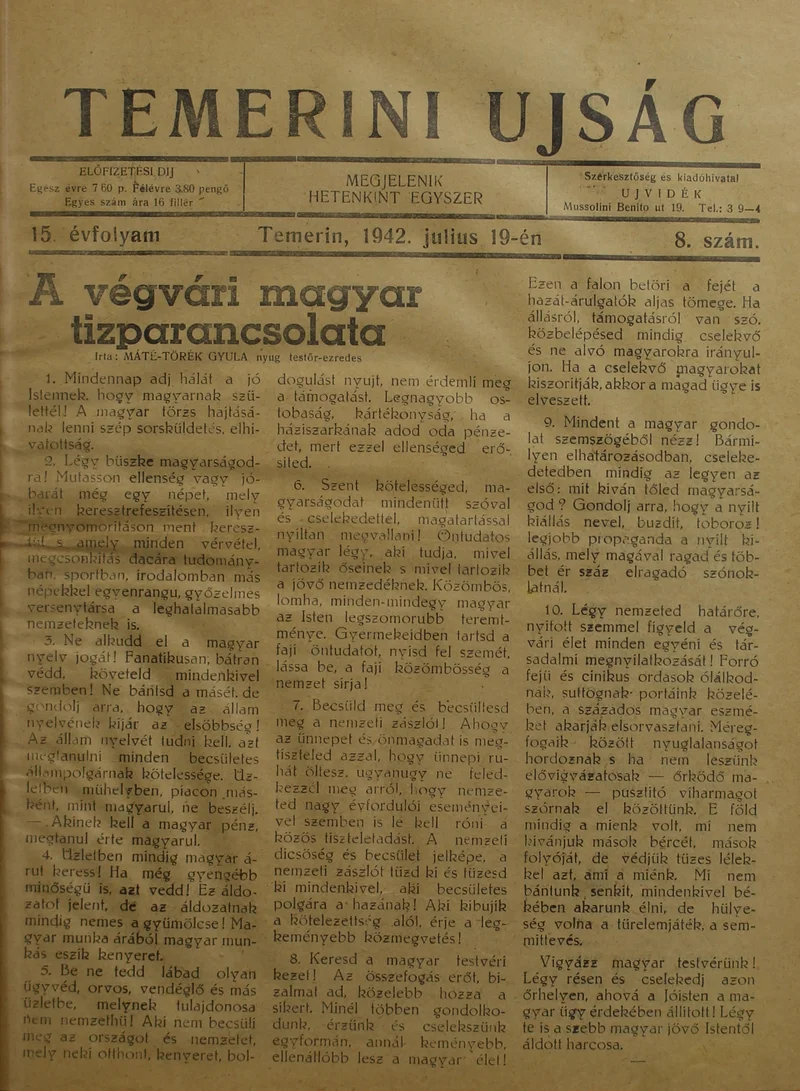 Temerini Újság 1928-1944, 15. évf. 1942. július 19. 8. sz.