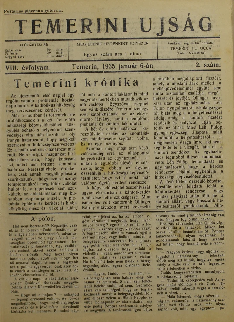 Temerini Újság 1928-1944, 8. évf. 1935. január 6. 2. sz.
