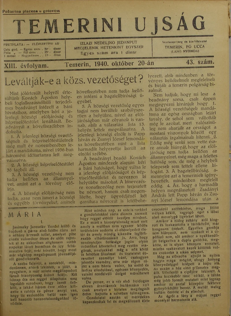 Temerini Újság 1928-1944, 13. évf. 1940. október 20. 43. sz.
