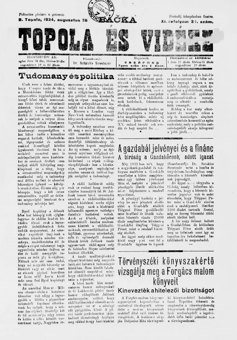 Bačka Topola és Vidéke, 11. évf. 1934. augusztus 26. 34. sz.