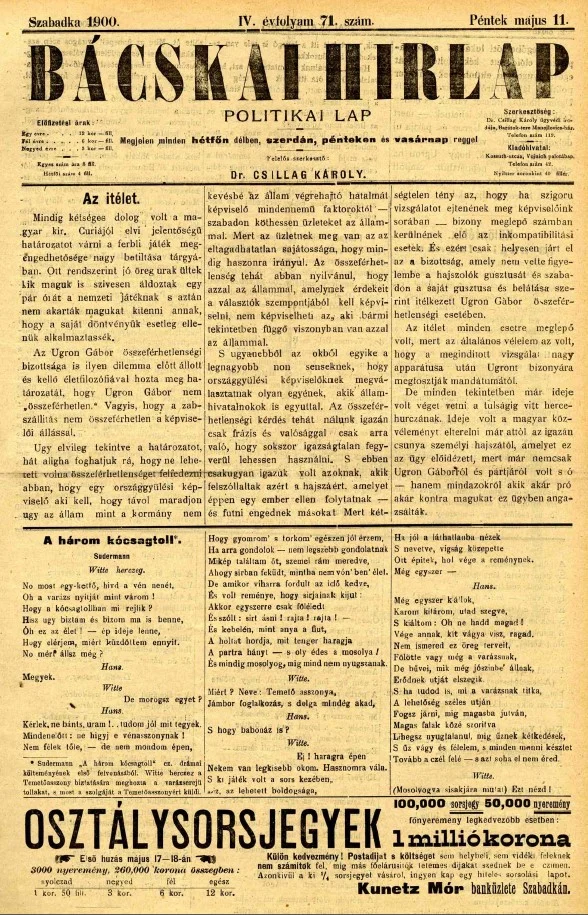 Bácskai Hirlap, 4. évf. 1900. május 11. 71. sz.