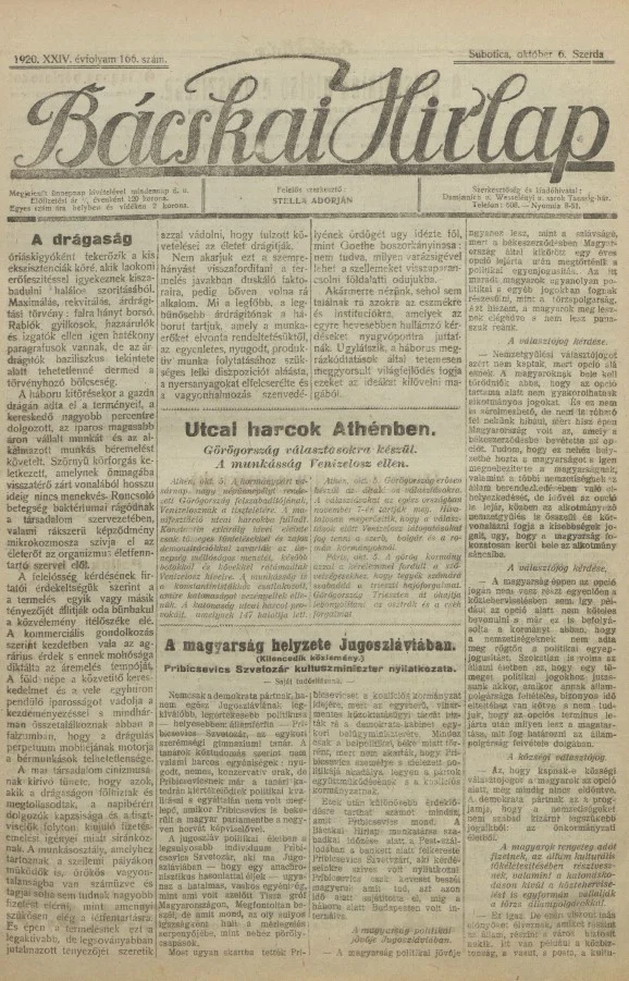 Bácskai Hirlap, 24. évf. 1920. október 6. 166. sz.