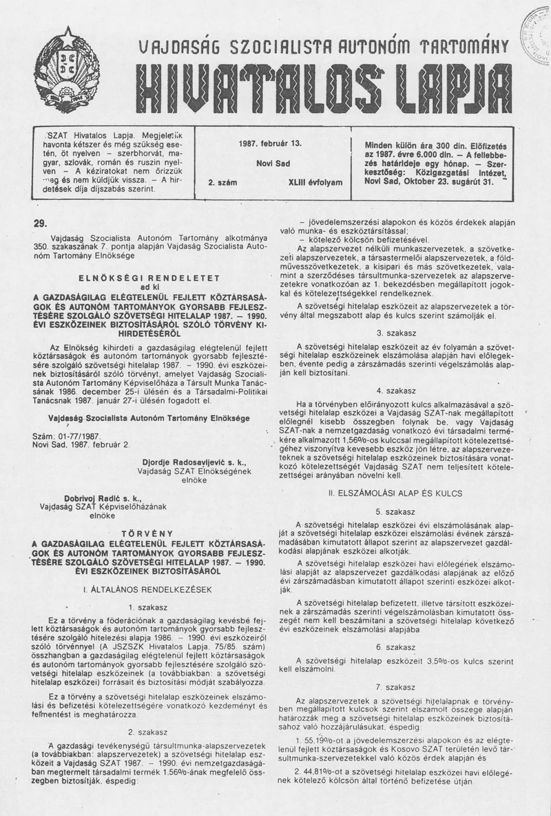 Vajdaság Szocialista Autonóm Tartomány Hivatalos Lapja, 43. évf. 1987. február 13. 2. sz.