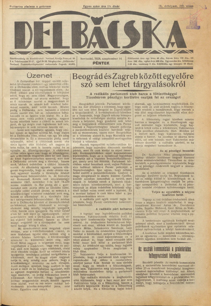 Délbácska, 9. évf. 1928. szeptember 14. 215. sz.