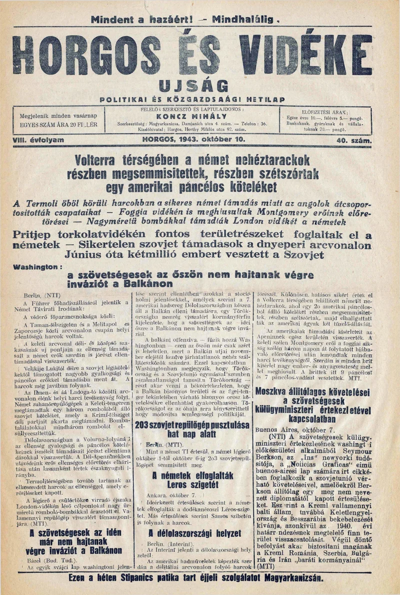 Horgos és vidéke, 8. évf. 1943. október 10. 40. sz.