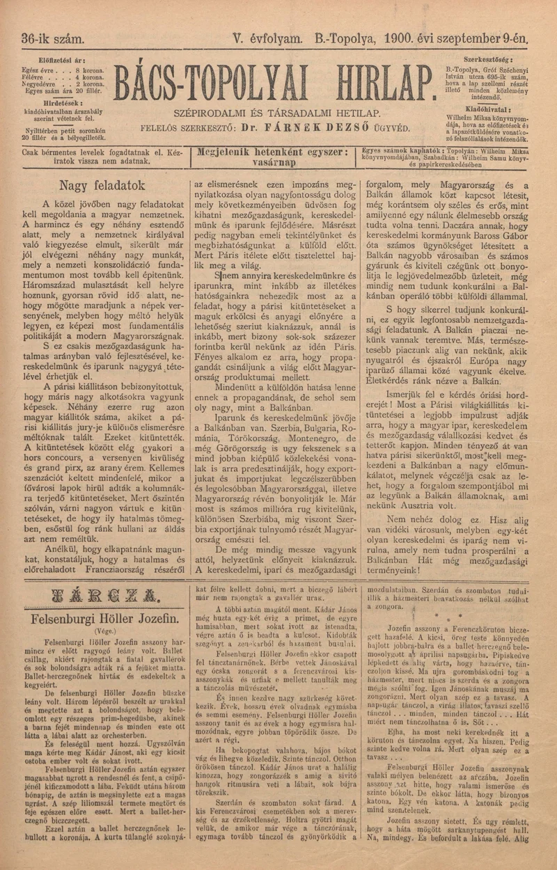 Bács-Topolyai Hirlap, 5. évf. 1900. szeptember 9. 36. sz.