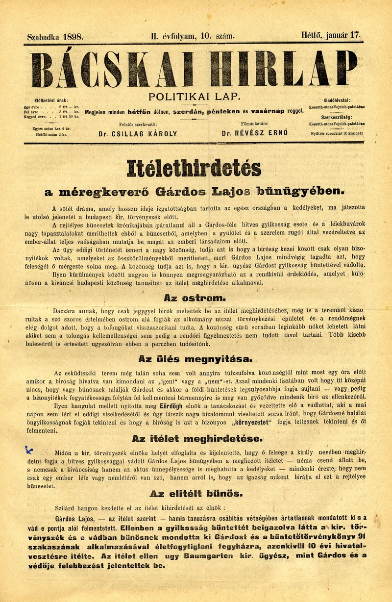 Bácskai Hirlap, 2. évf. 1898. január 17. 10. sz. 1–2. oldal