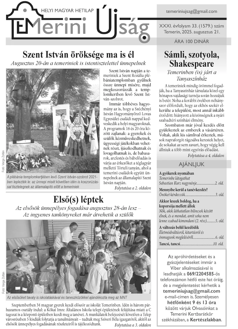 Temerini Újság, 31. évf. 2025. augusztus 21. 33. sz.