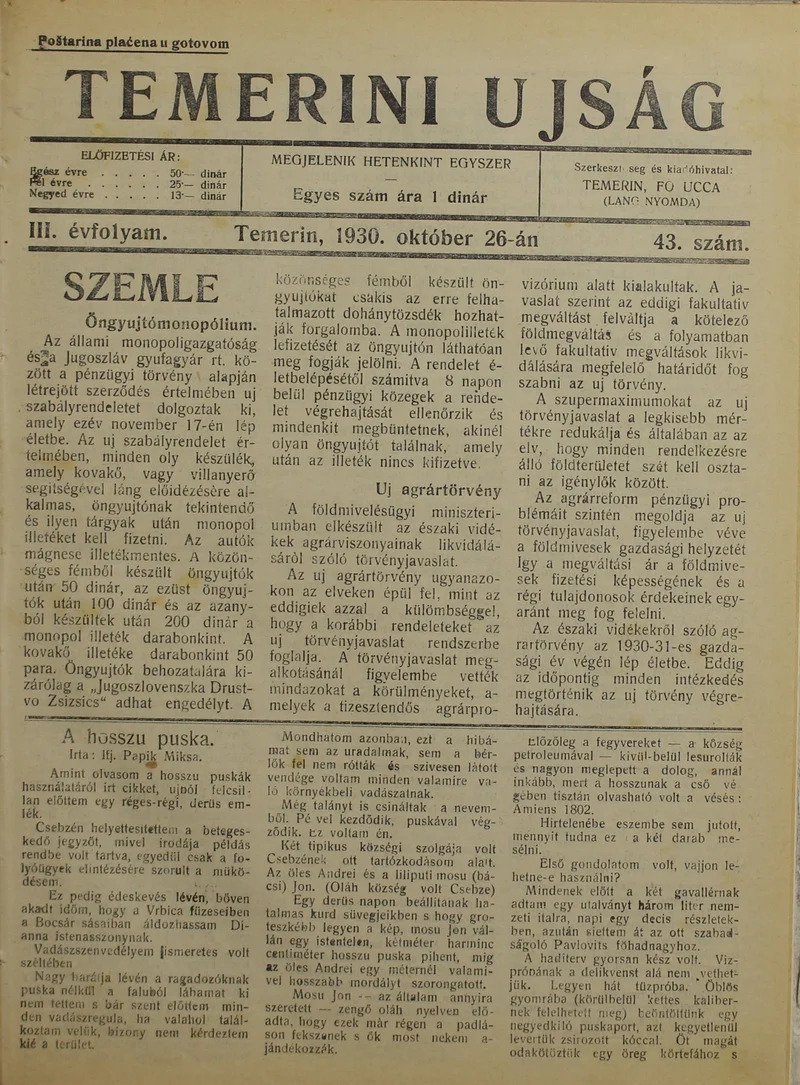 Temerini Újság 1928-1944, 3. évf. 1930. október 26. 43. sz.