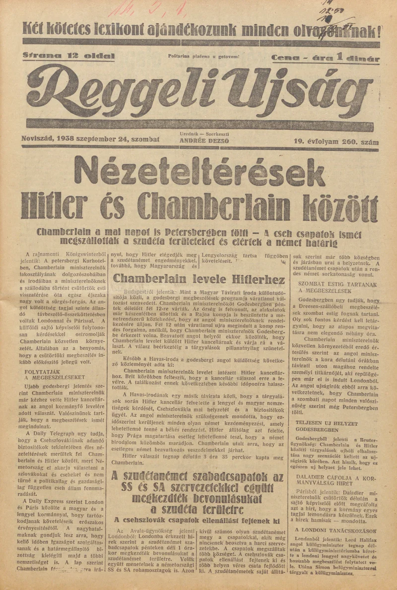 Reggeli Újság, 19. évf. 1938. szeptember 24. 260. sz.