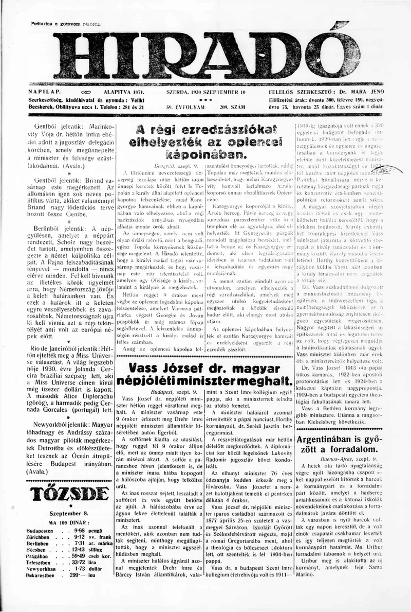 Híradó, 59. évf. 1930. szeptember 10. 209. sz.