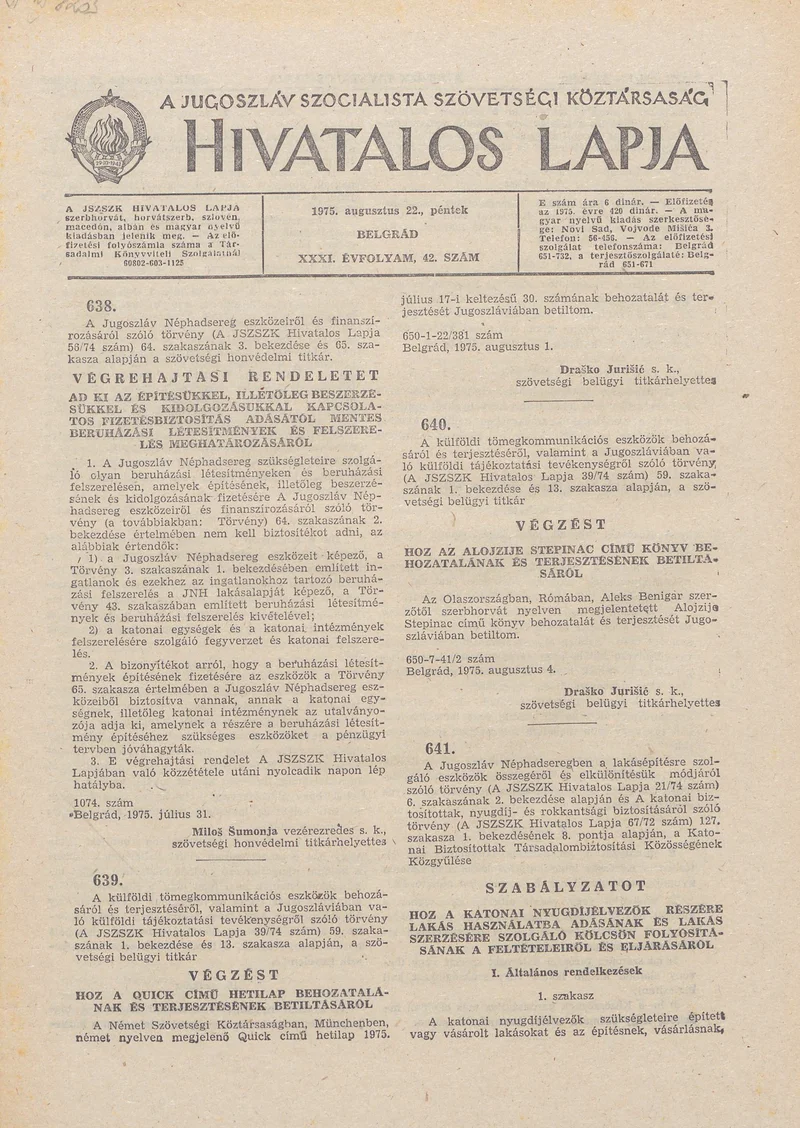 A Jugoszláv Szocialista Szövetségi Köztársaság Hivatalos Lapja, 31. évf. 1975. augusztus 22. 42. sz. 1177–1200. oldal