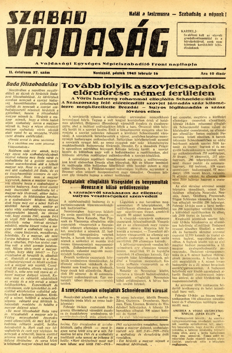 Szabad Vajdaság, 2. évf. 1945. február 16. 37. sz.