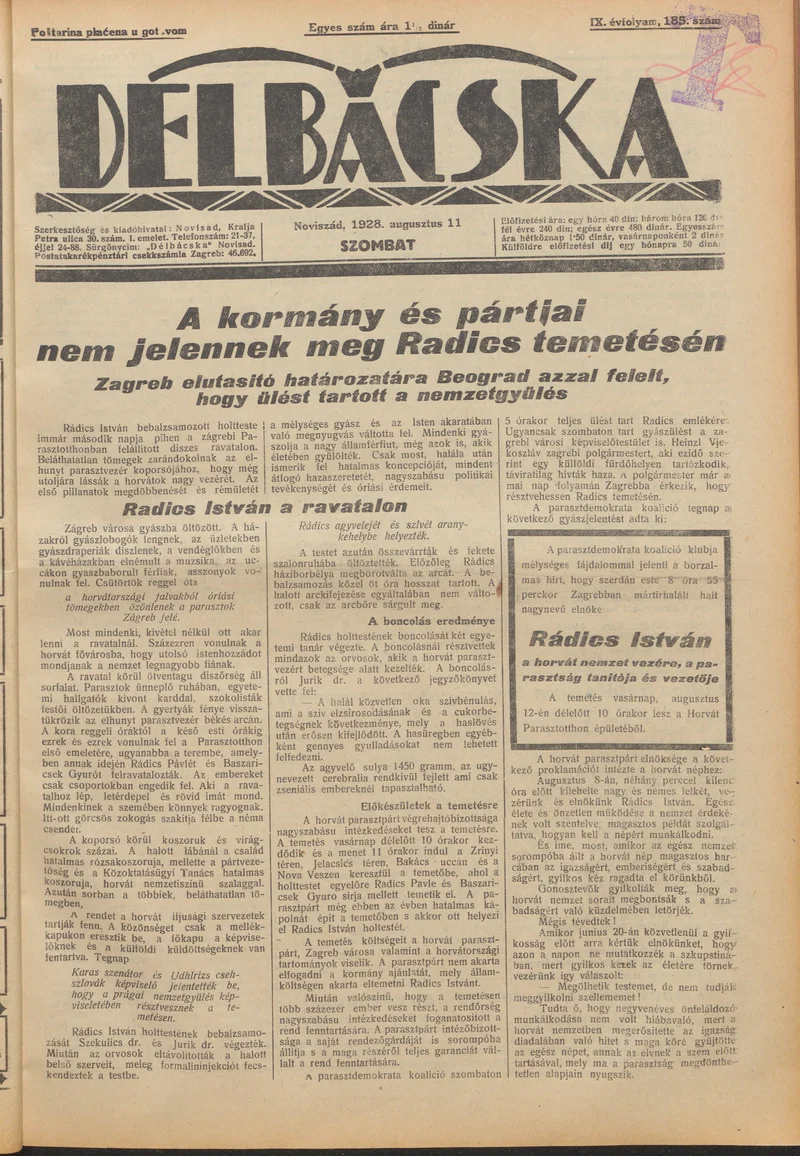 Délbácska, 9. évf. 1928. augusztus 11. 185. sz.