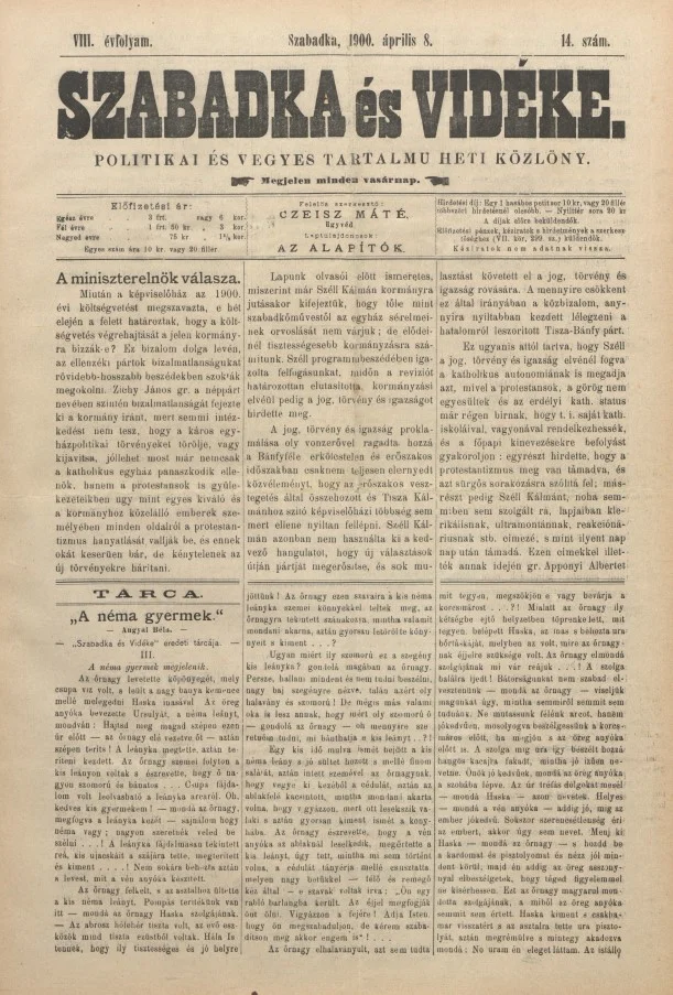 Szabadka és vidéke II, 8. évf. 1900. április 8. 14. sz.