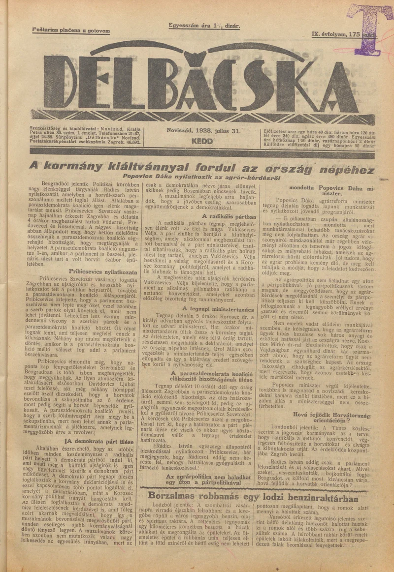 Délbácska, 9. évf. 1928. július 31. 175. sz.