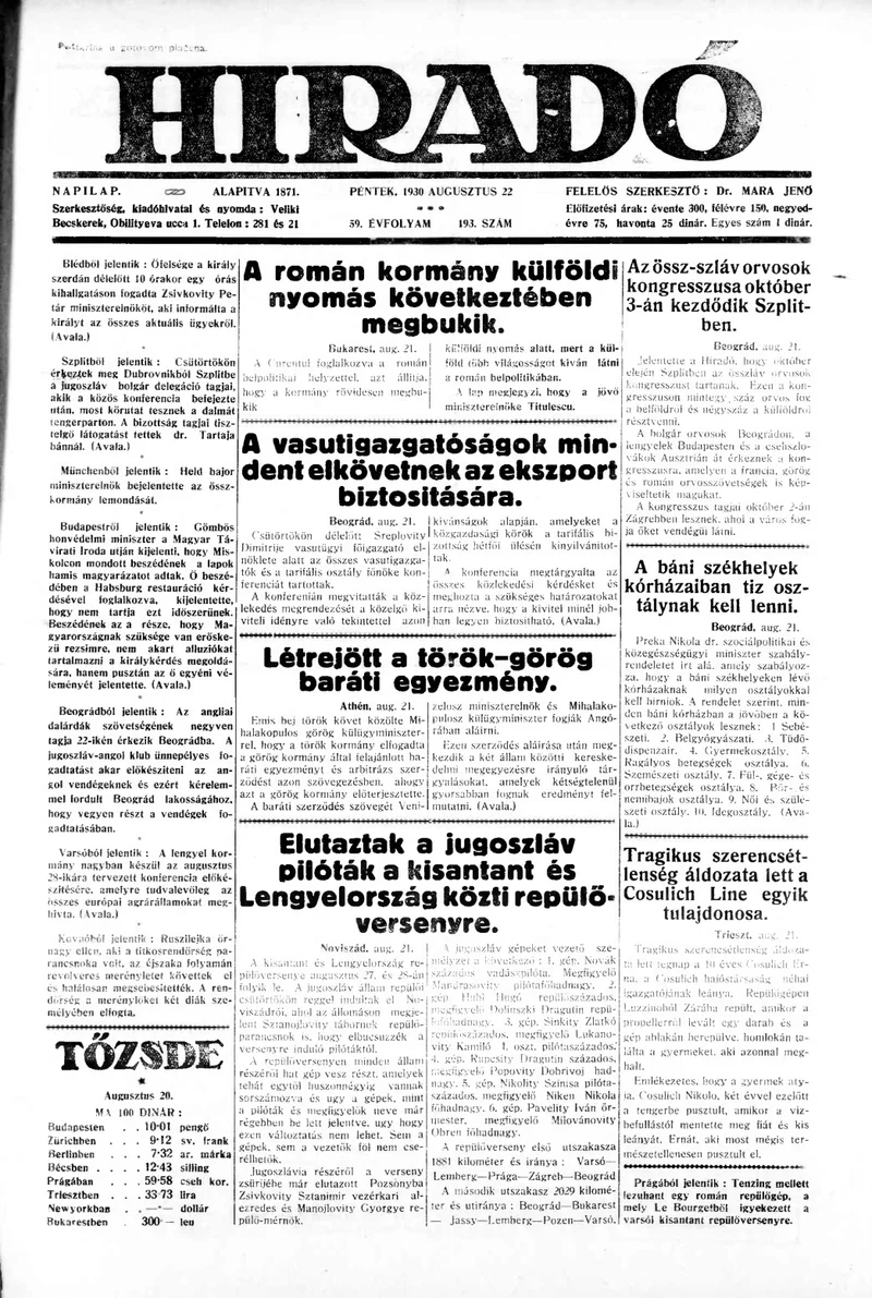 Híradó, 59. évf. 1930. augusztus 22. 193. sz.