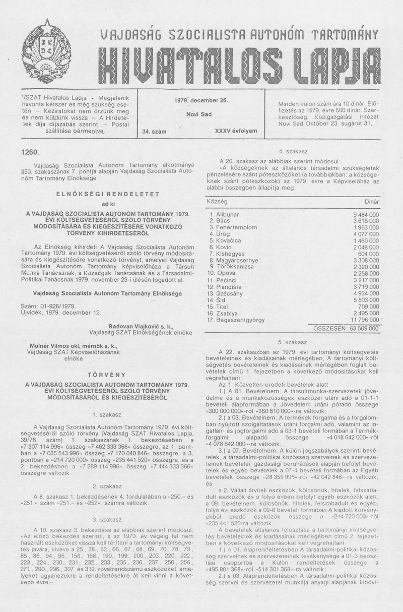 Vajdaság Szocialista Autonóm Tartomány Hivatalos Lapja, 35. évf. 1979. december 26. 34. sz. 1461–1480. oldal