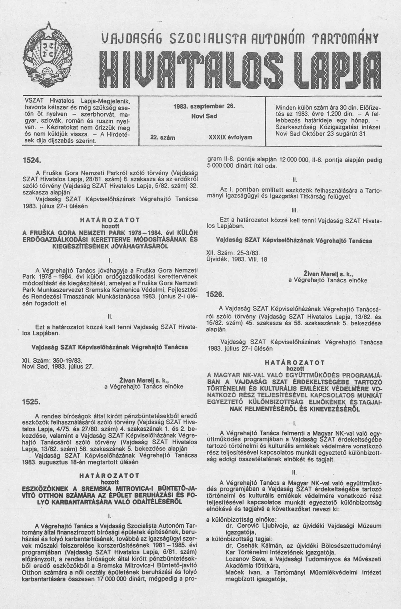 Vajdaság Szocialista Autonóm Tartomány Hivatalos Lapja, 39. évf. 1983. szeptember 26. 22. sz.