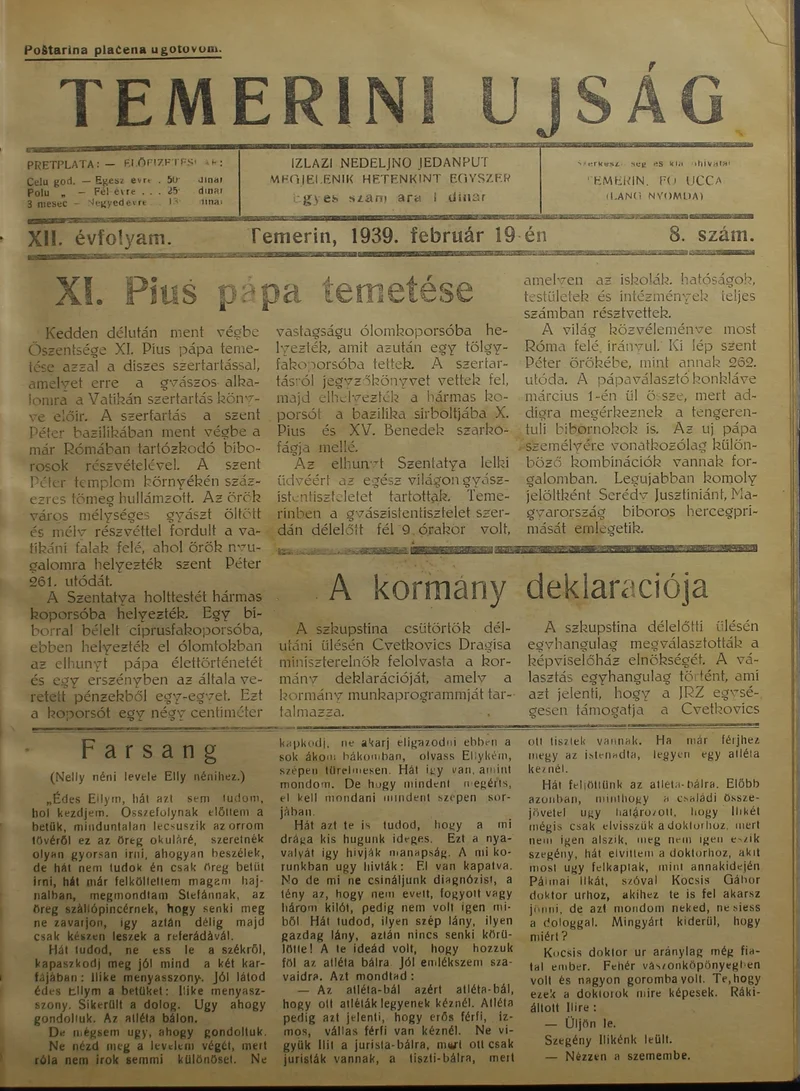 Temerini Újság 1928-1944, 12. évf. 1939. február 19. 8. sz.