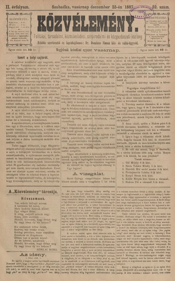 Közvélemény, 2. évf. 1887. december 25. 52. sz.